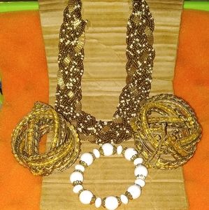 HANDCRAFTED  BEADED THICK ,CHUNKY BRAIDED COLLAR NECKLACE,2 RETRO CUFF BRACELETS
